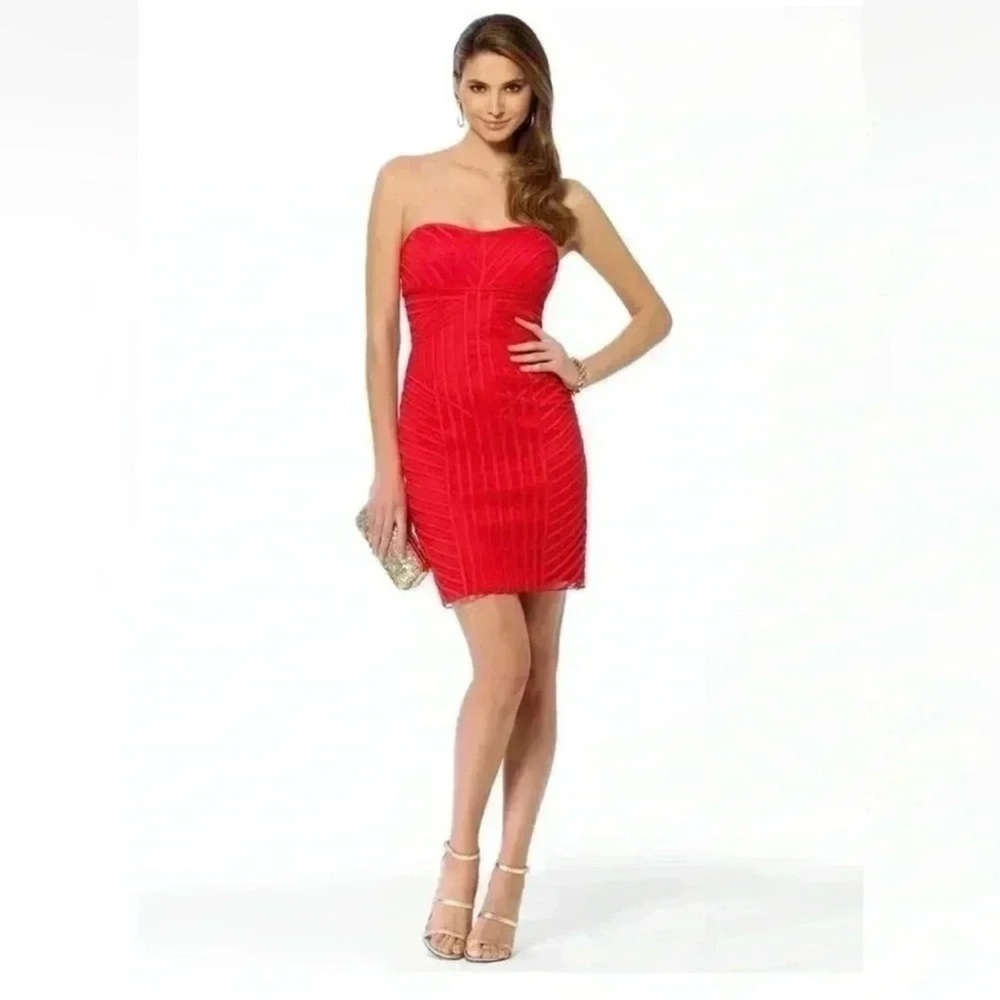 CACHE Red Strapless Bodycon Fitted Bandaged Ribbed Dress, Size 2